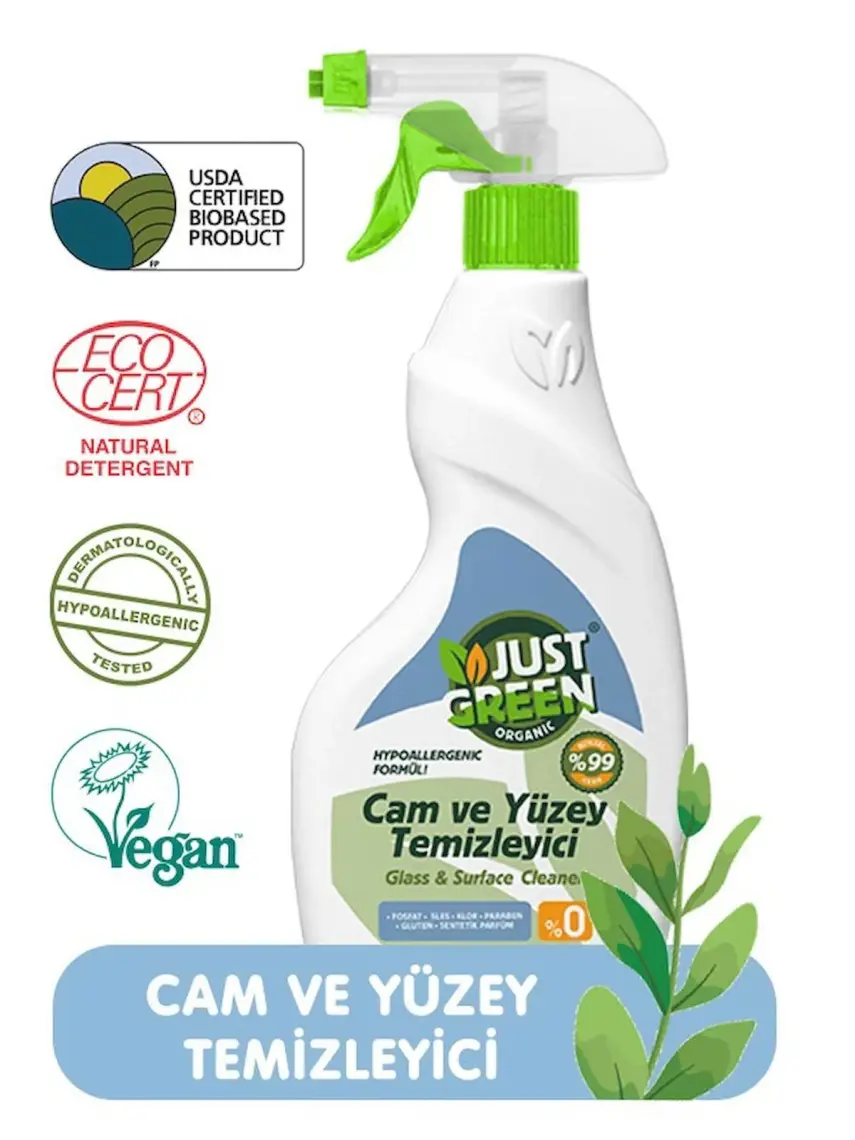 Just Green Organic Bitkisel Cam Ve Yüzey Temizleyici, %100 Bitkisel - Doğal Ve Etkili Temizlik (500 ML) - Yerli Üretim
