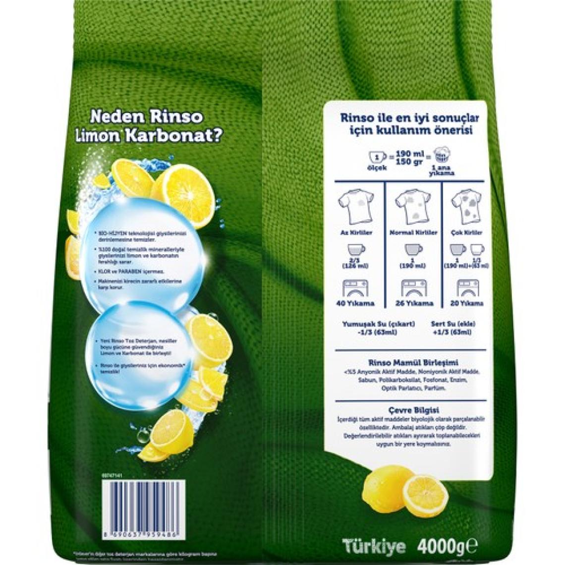 Rinso Toz Çamaşır Deterjanı Limon ve Karbonat Renkliler ve Beyazlar İçin 4 KG