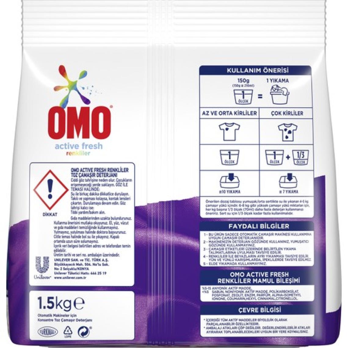 Omo Active Fresh Toz Çamaşır Deterjanı Renkliler İçin Renklilerinizi Koruyarak En Zorlu Lekeleri İlk Yıkamada Çıkarır 1.5 KG 10 Yıkama 1 Adet