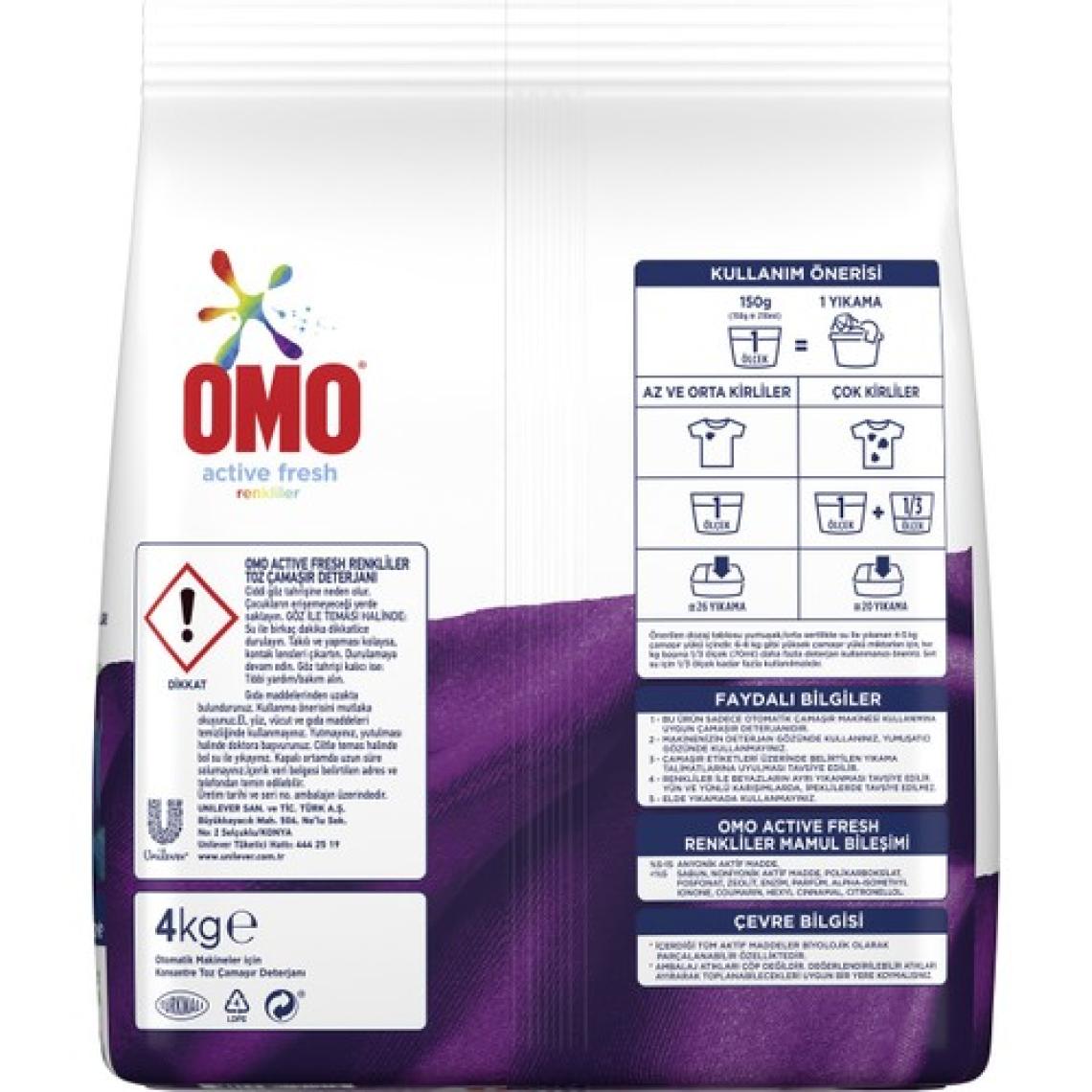 Omo Active Fresh Toz Çamaşır Deterjanı Renkliler İçin Renklilerinizi Koruyarak En Zorlu Lekeleri İlk Yıkamada Çıkarır 4 KG 26 Yıkama 1 Adet