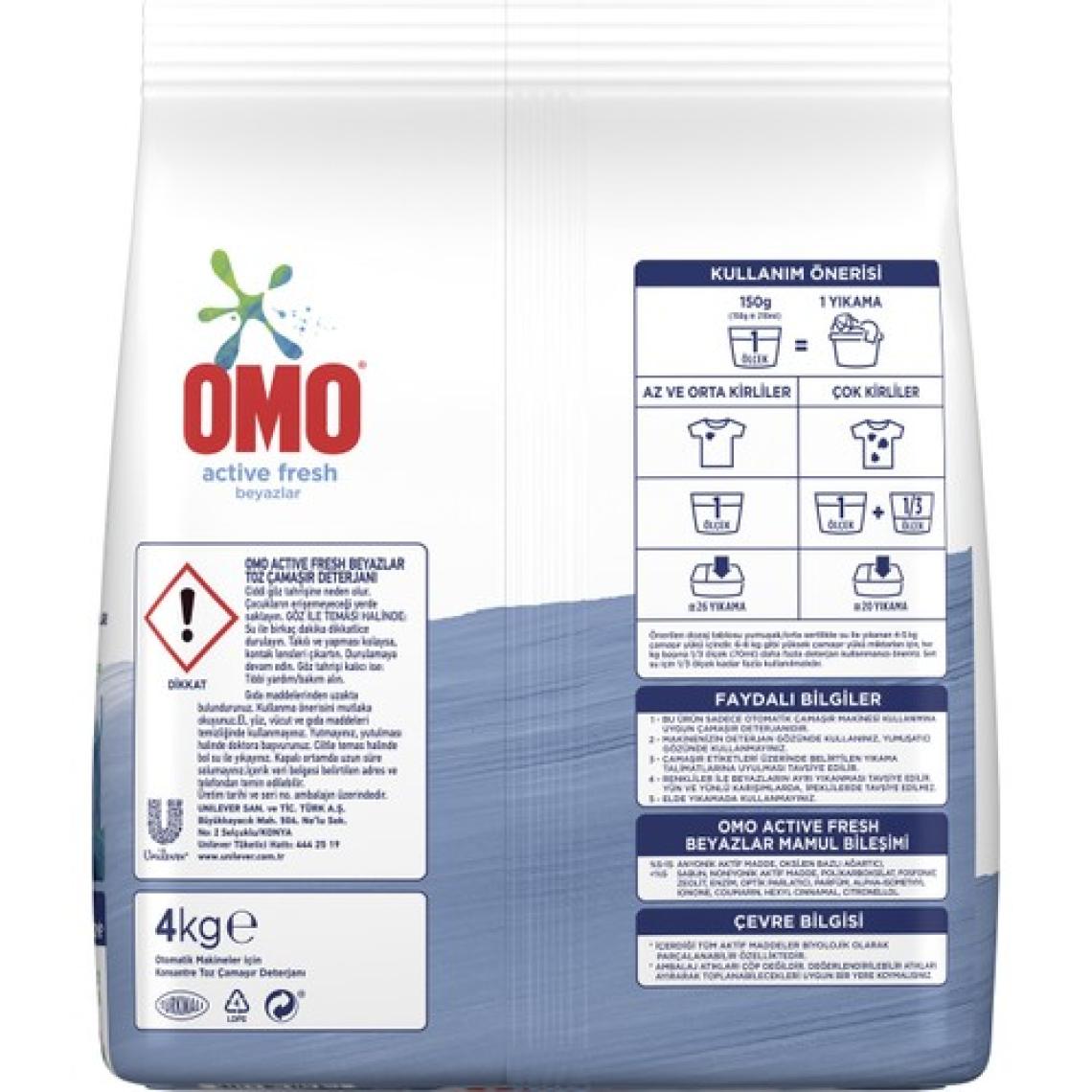 Omo Active Fresh Toz Çamaşır Deterjanı Beyazlar İçin En Zorlu Lekeleri İlk Yıkamada Çıkarır 4 KG 26 Yıkama 1 Adet