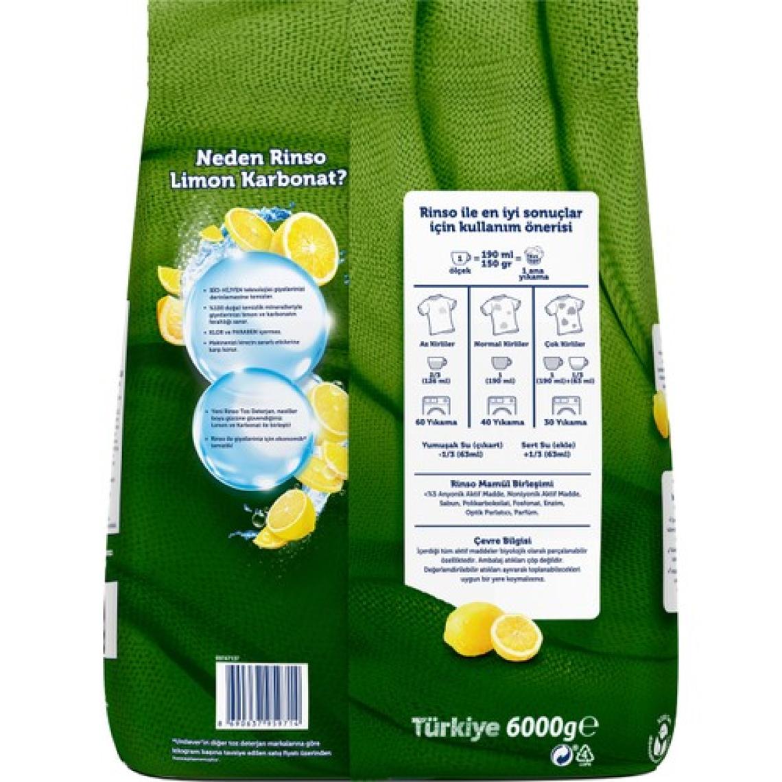 Rinso Toz Çamaşır Deterjanı Limon ve Karbonat Renkliler ve Beyazlar için Derinlemesine Temizlik 6 KG