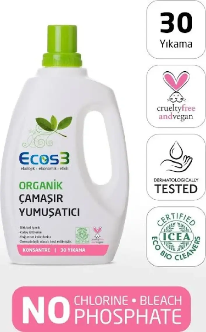 Ecos3 Çamaşır Yumuşatıcı, Organik & Vegan Sertifikalı, Ekolojik, Extra Konsantre, 30 Yıkama, 750ml