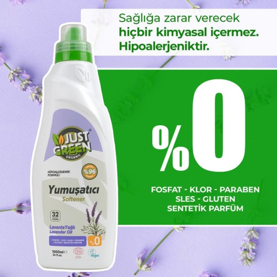 Just Green Organic Bitkisel Çamaşır Yumuşatıcı Lavanta Yağlı - %100 Doğal Ve Ferahlatıcı Yumuşaklık (1000 ML) 32 Yıkama