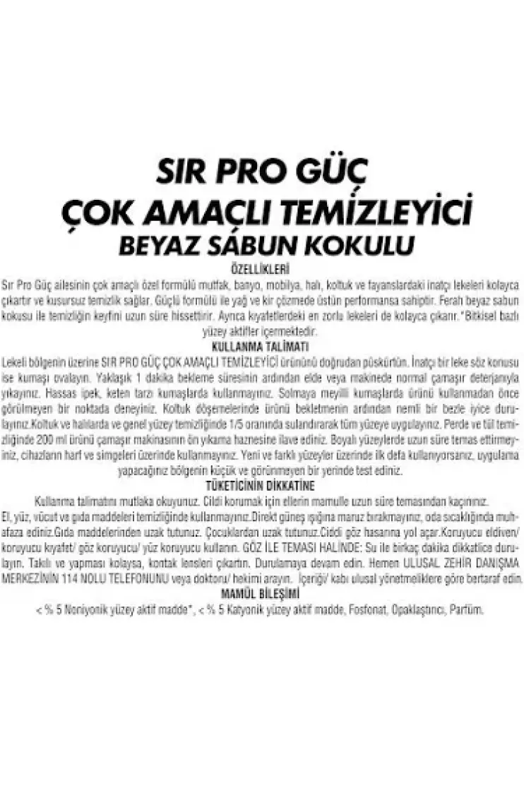 Sır Pro Güç Çok Amaçlı Temizleyici Beyaz Sabun Kokulu 1000 ml