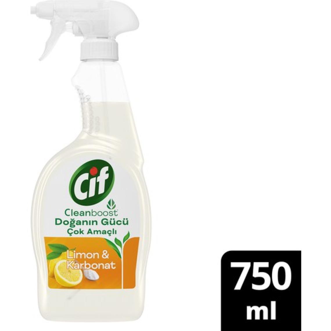 Cif Doğanın Gücü Çok Amaçlı Yüzey Temizleyici Sprey Yağ ve Kir Leke Çıkarıcı Cleanboost Teknolojisi Limon & Karbonat 750 ML