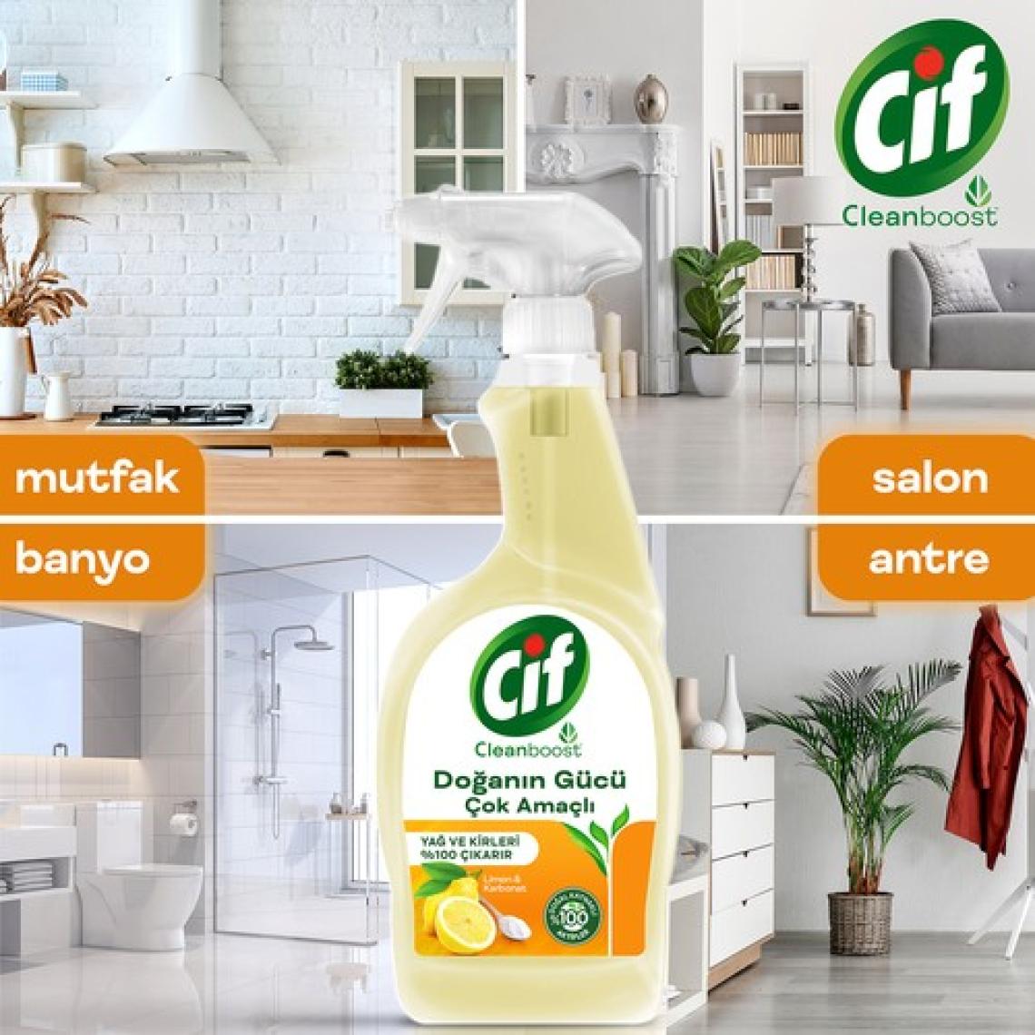 Cif Doğanın Gücü Çok Amaçlı Yüzey Temizleyici Sprey Yağ ve Kir Leke Çıkarıcı Cleanboost Teknolojisi Limon & Karbonat 750 ML