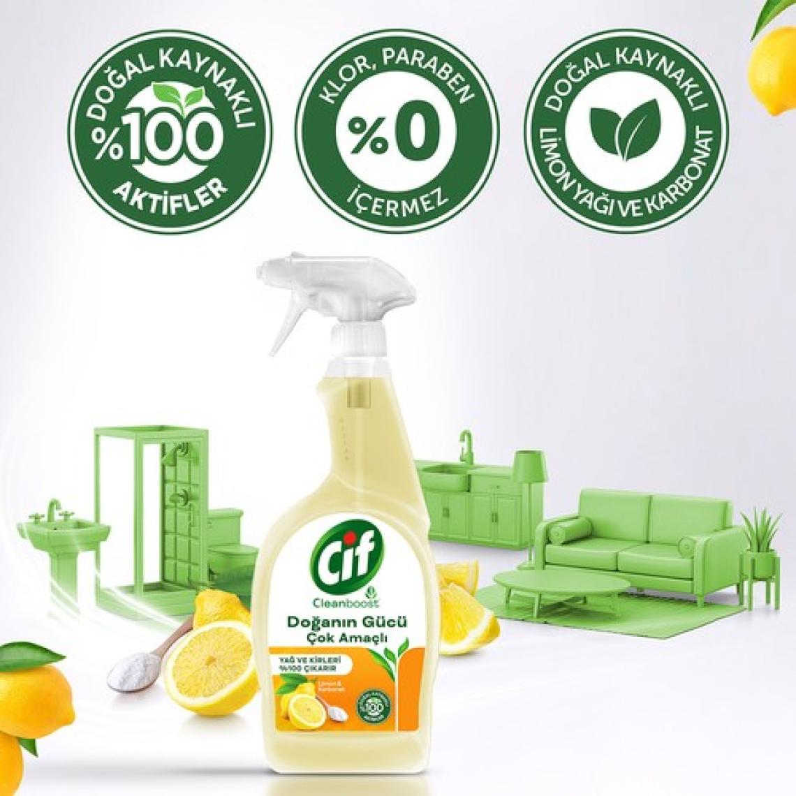 Cif Doğanın Gücü Çok Amaçlı Yüzey Temizleyici Sprey Yağ ve Kir Leke Çıkarıcı Cleanboost Teknolojisi Limon & Karbonat 750 ML