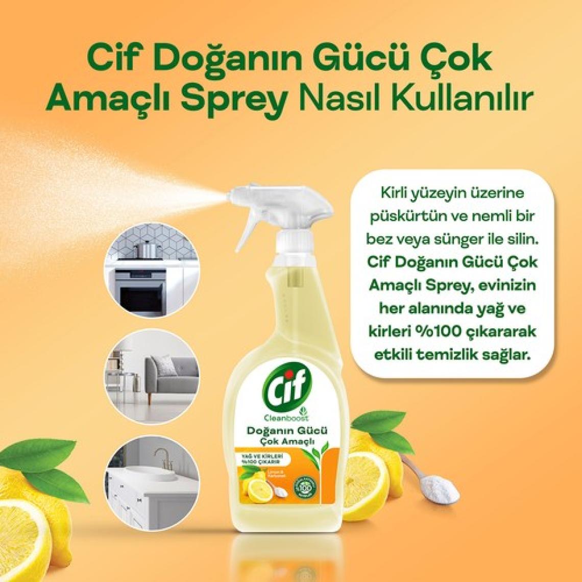 Cif Doğanın Gücü Çok Amaçlı Yüzey Temizleyici Sprey Yağ ve Kir Leke Çıkarıcı Cleanboost Teknolojisi Limon & Karbonat 750 ML
