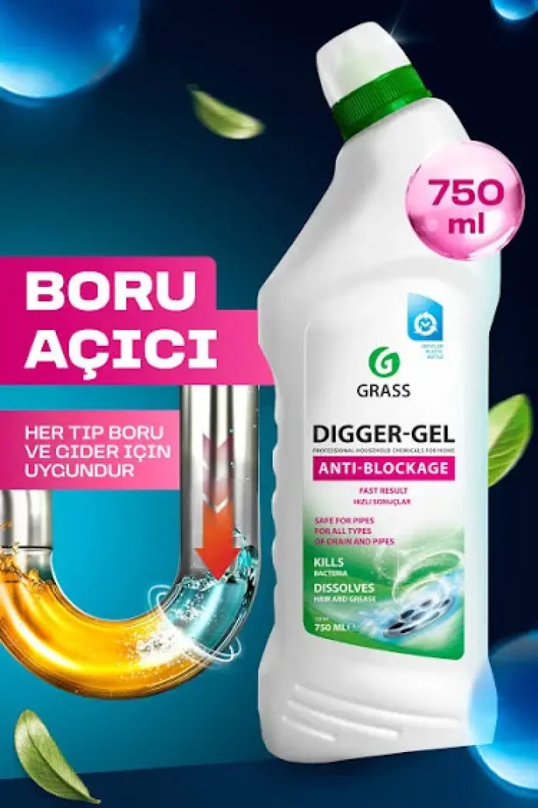 Grass Dıgger-Gel Lavabo Açıcı - Kanalizasyon Boruları Için Alkali Temizleyici Jel (750 Ml)