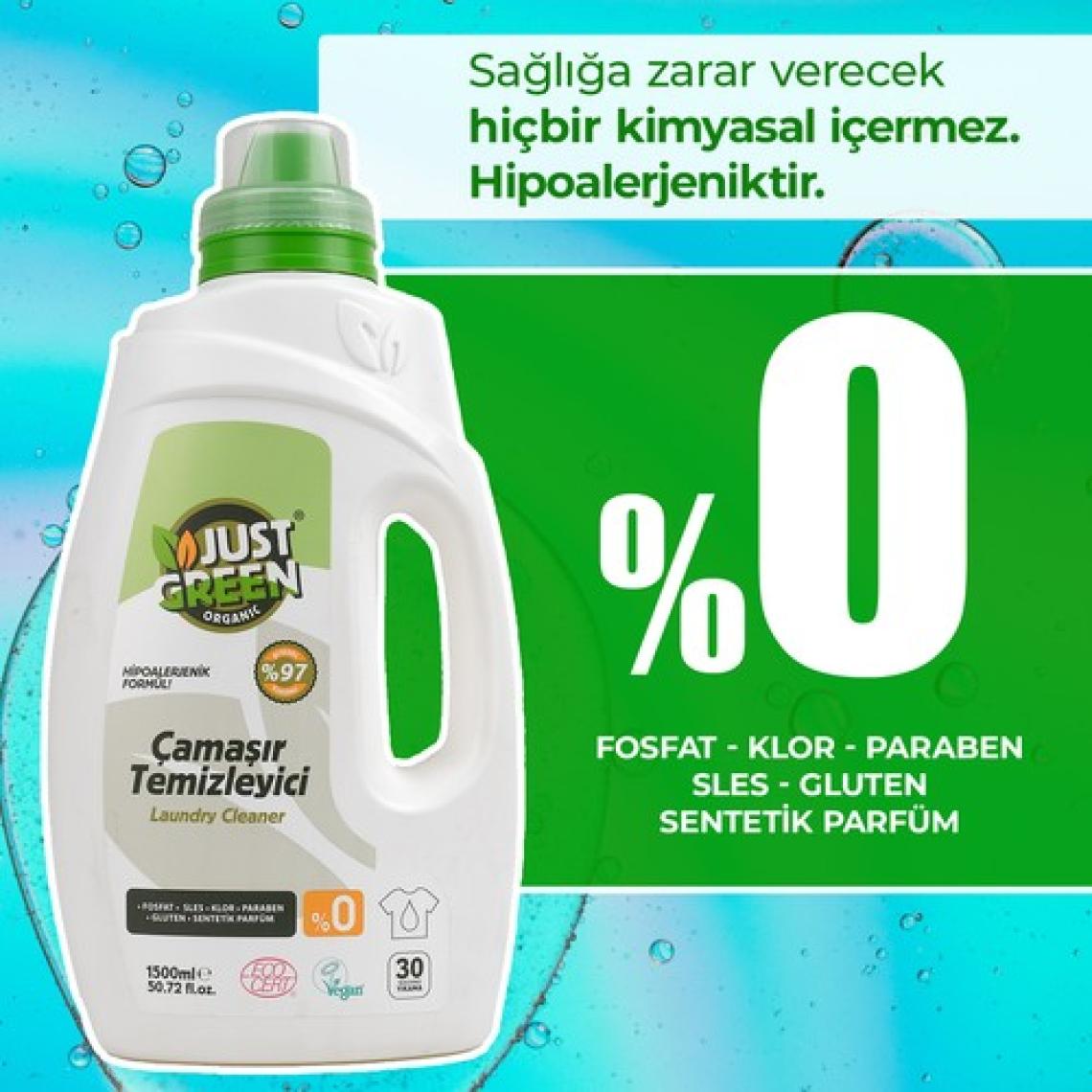 Just Green Organic Bitkisel Çamaşır Deterjanı, %100 Bitkisel, Doğal Ve Güçlü Deterjan, 30 Yıkama, 1500 Ml. Yerli Üretim