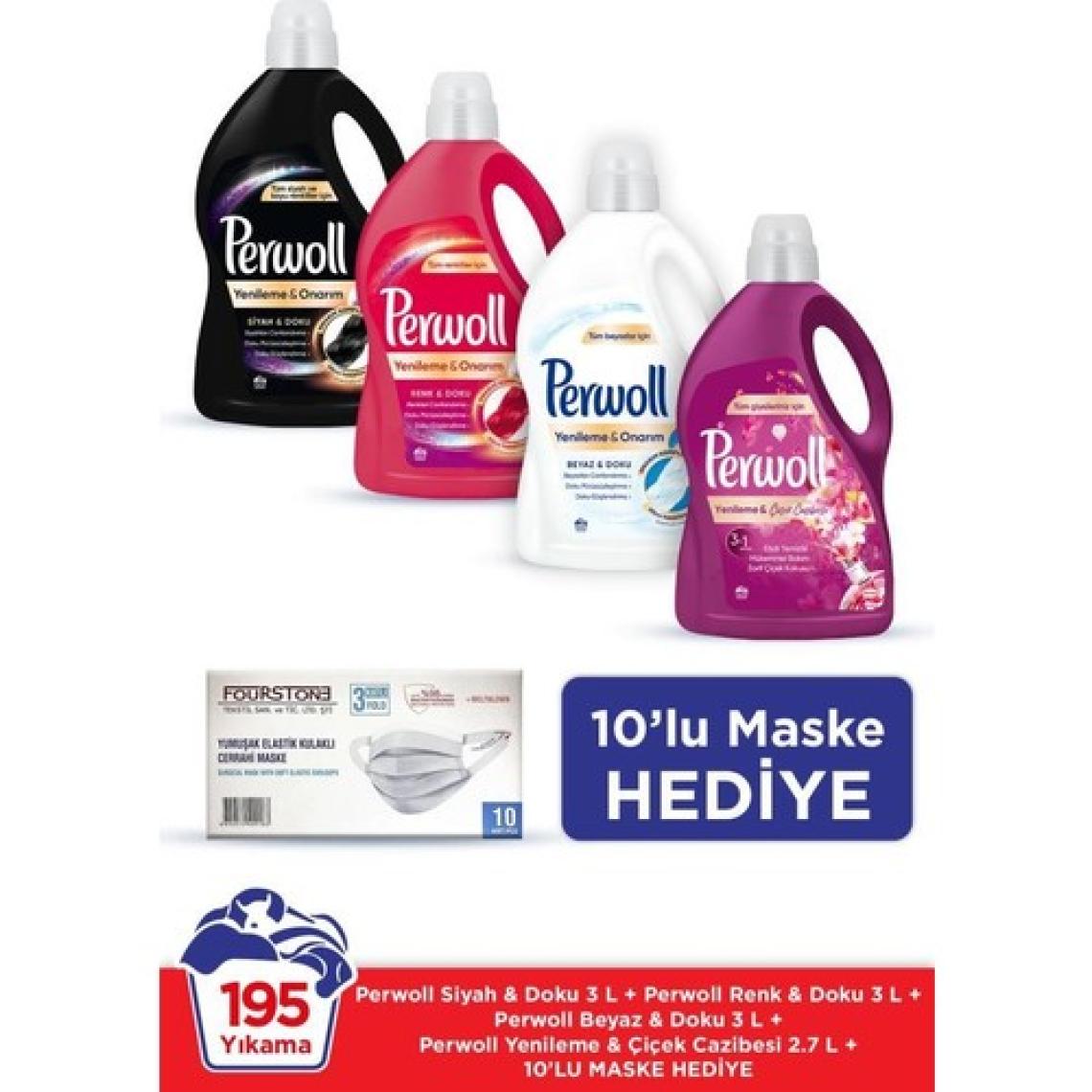 Perwoll Hassas Bakım Sıvı Çamaşır Deterjanı 4x3L(195 Yıkama) Siyah+Renk+Beyaz+Çiçek Cazibesi+10'lu Maske Hed