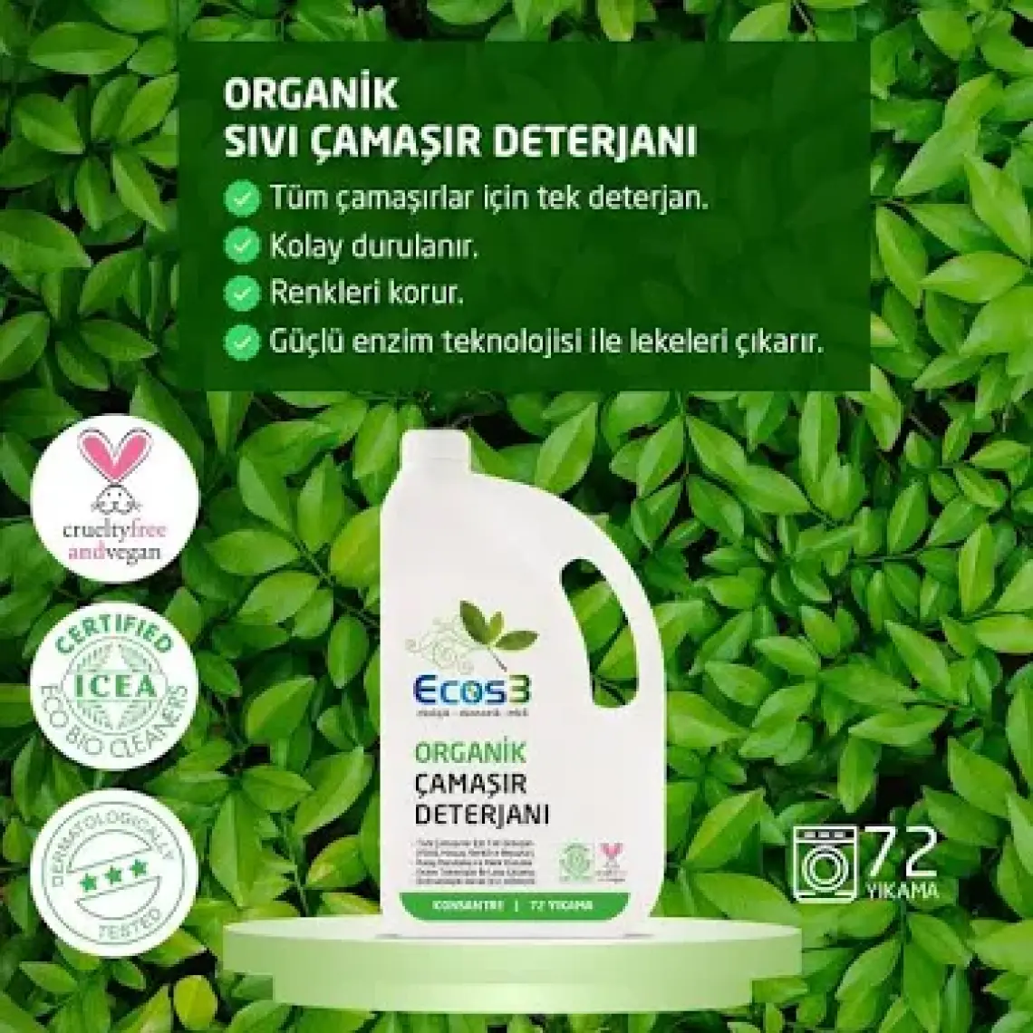 Ecos3 Sıvı Çamaşır Deterjanı, Organik & Vegan Sertifikalı, Ekolojik, Extra Konsantre, 72 Yıkama, 2500ml