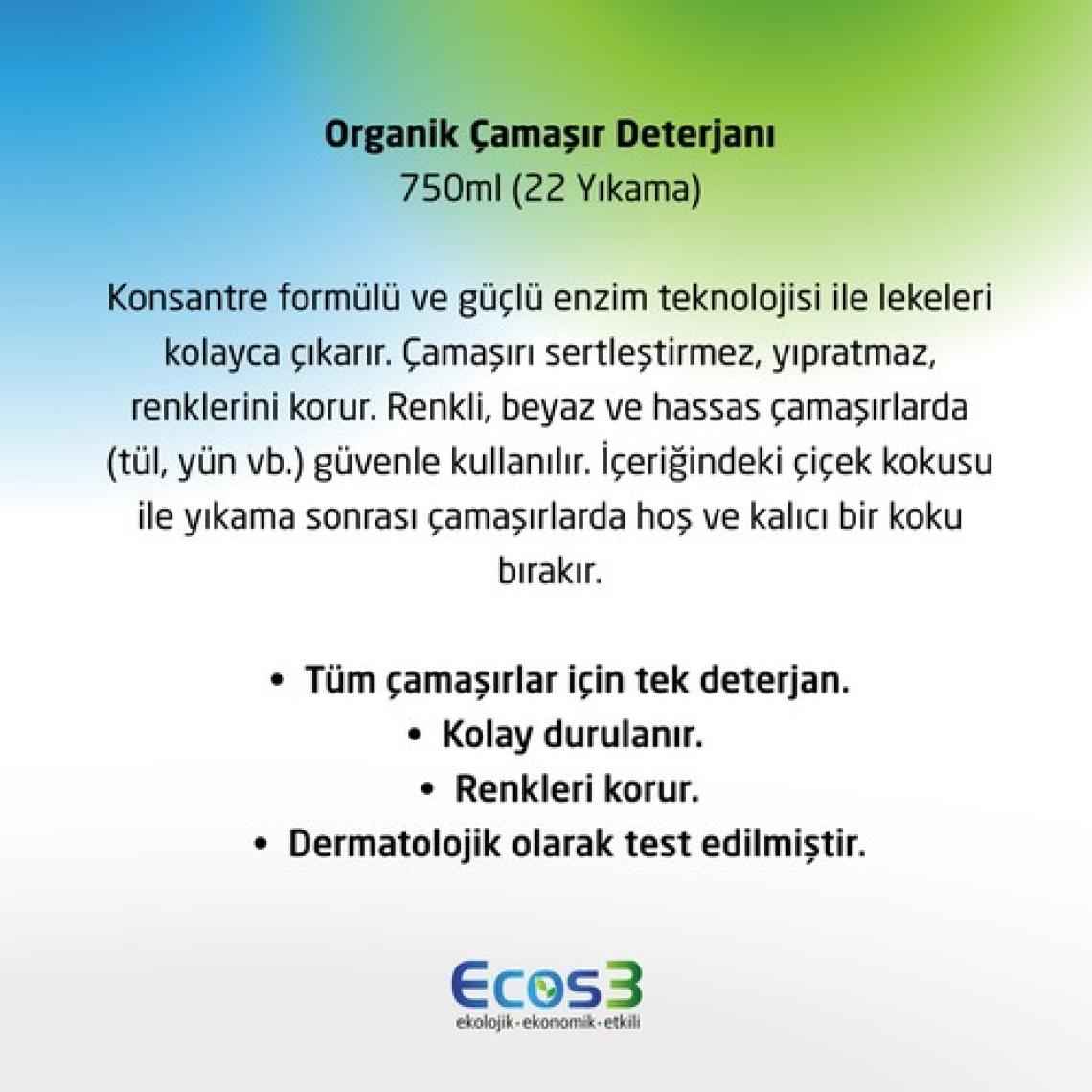 Ecos3 Sıvı Çamaşır Deterjanı, Organik & Vegan Sertifikalı, Ekolojik, Extra Konsantre, 22 Yıkama, 750ml