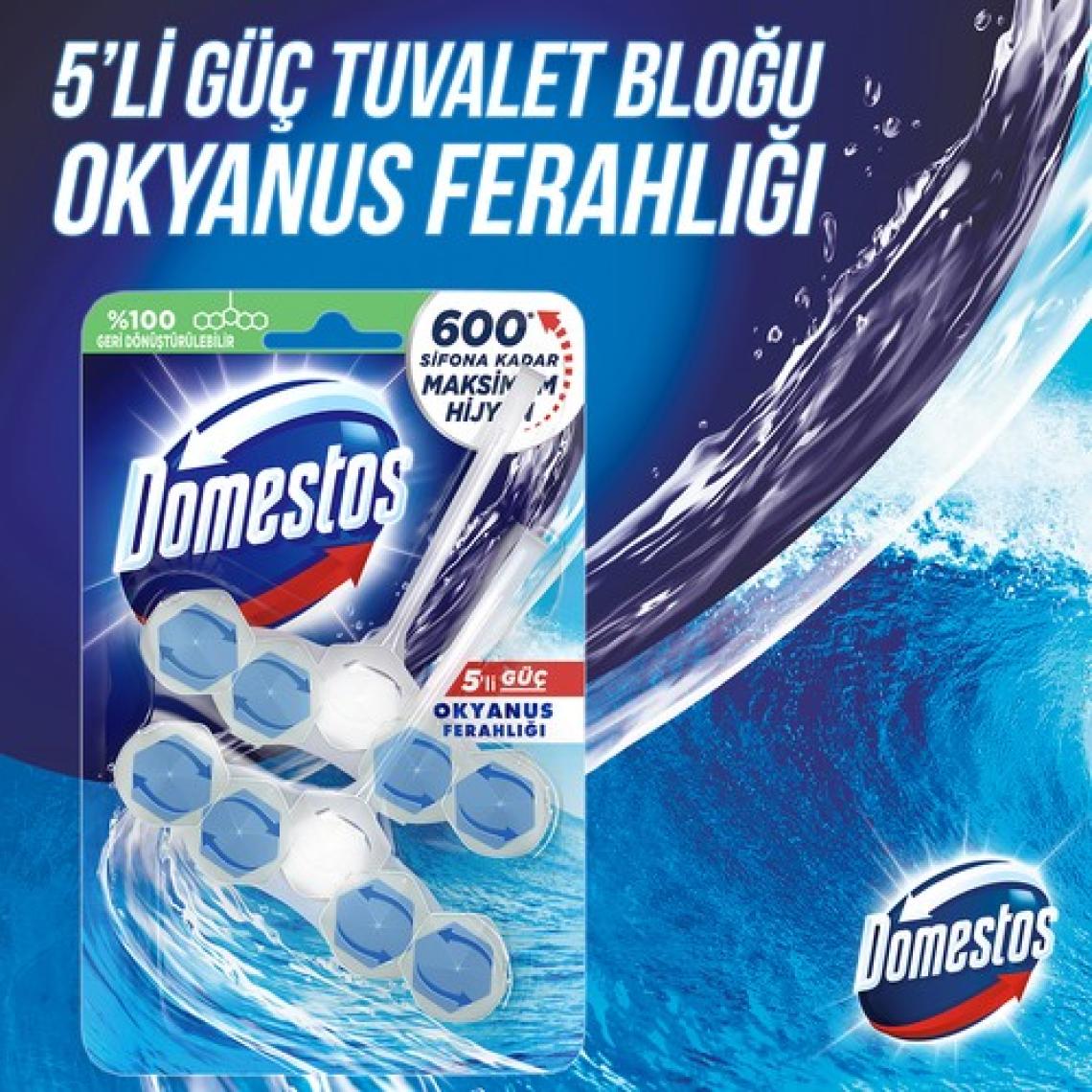 Domestos WC Blok 5'li Güç Tuvalet Bloğu Okyanus Ferahlığı Maksimum Hijyen 100 G