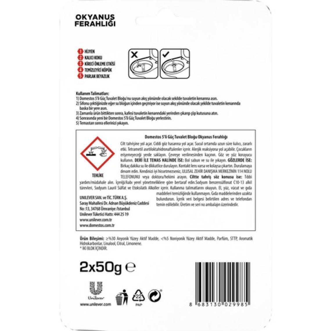 Domestos WC Blok 5'li Güç Tuvalet Bloğu Okyanus Ferahlığı Maksimum Hijyen 100 G