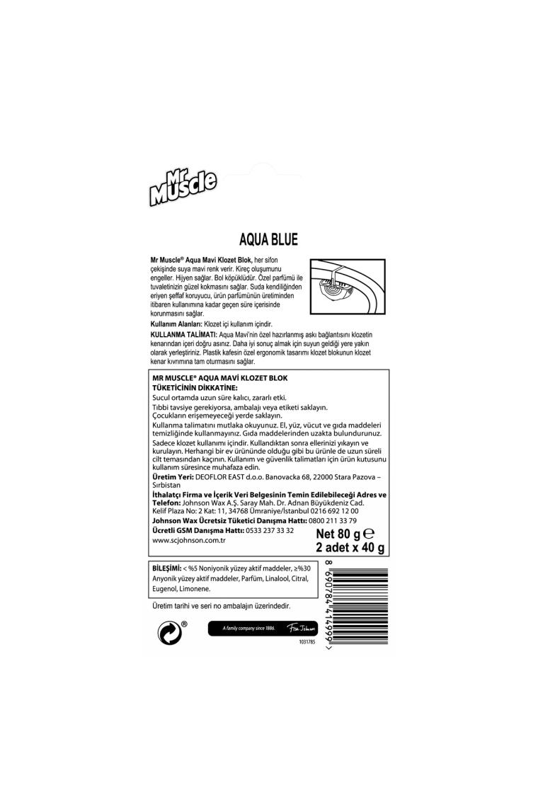 Mr Muscle Klozet Blok Tuvalet Temizleyici, Aqua Mavi, 2x40 gr