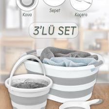 3'lü Set Katlanır Çamaşır Sepeti - Katlanabilir Akordiyon Su Kovası - Katlanır Koçero Maşrapa