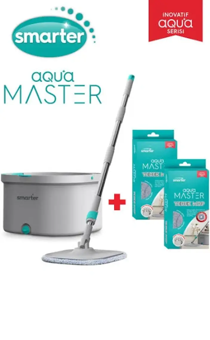 SMARTER Aqua Master Temizlik Seti + 2 Adet Yedek Mop Temiz & Kirli Suyu Ayırma Özelliği Otomatik Temizlik Seti Mop Paspas