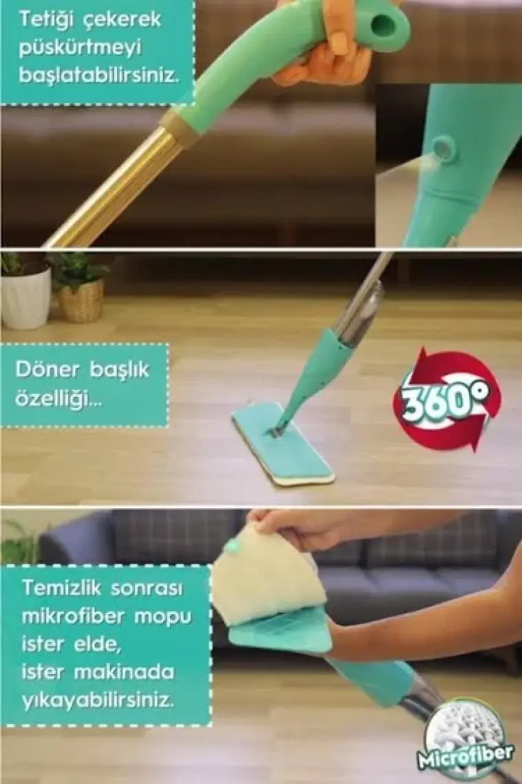 Pony Sprey Mop Set – 300 Ml Su Hazneli, 360° Döner Başlıklı, Ergonomik Tasarımlı Ve 3 Mikrofiber Bezli Temizlik Mop