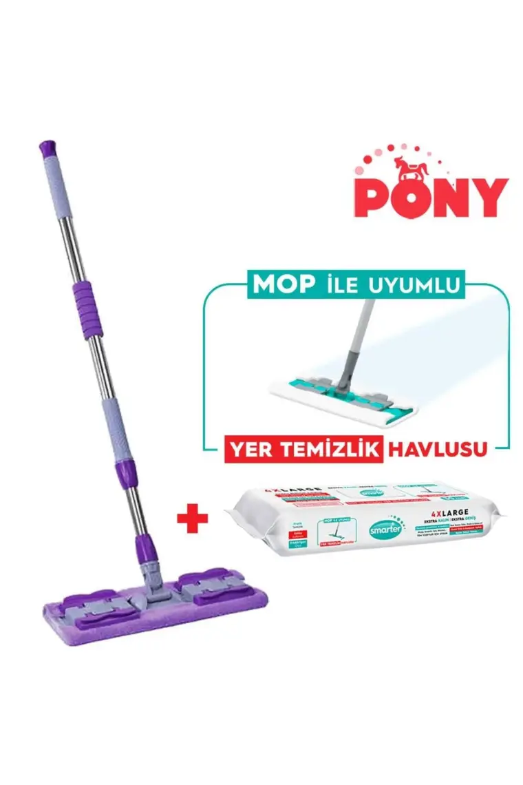 PONY Mandallı Mop + Yer Temizlik Havlusu Hediyeli Microfiber Yüzey Set Paspas Duvar Cam Kıskaçlı Klipsli