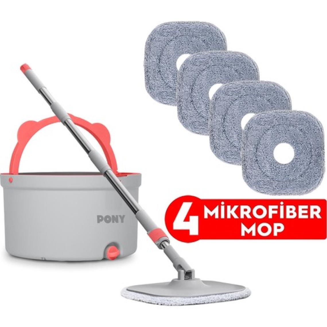 Pony Gri 4 Adet Mikrofiber Mop Temiz & Kirli Suyu Ayırma Özelliği Otomatik Temizlik Seti Paspas