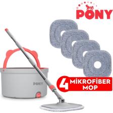 Pony Gri 4 Adet Mikrofiber Mop Temiz & Kirli Suyu Ayırma Özelliği Otomatik Temizlik Seti Paspas