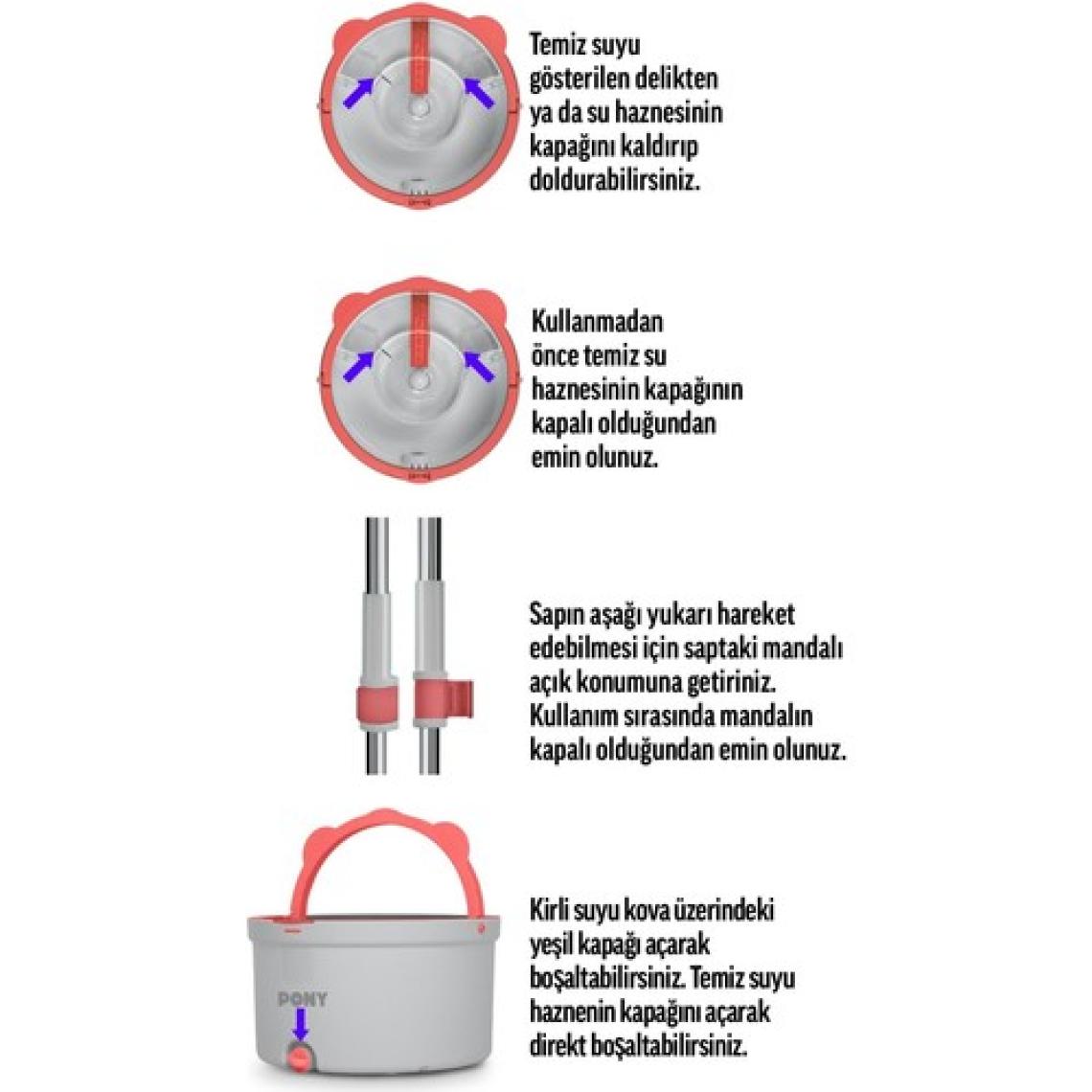 PONY Gri Temiz & Kirli Suyu Ayırma Özelliği Otomatik Temizlik Seti Mop Paspas