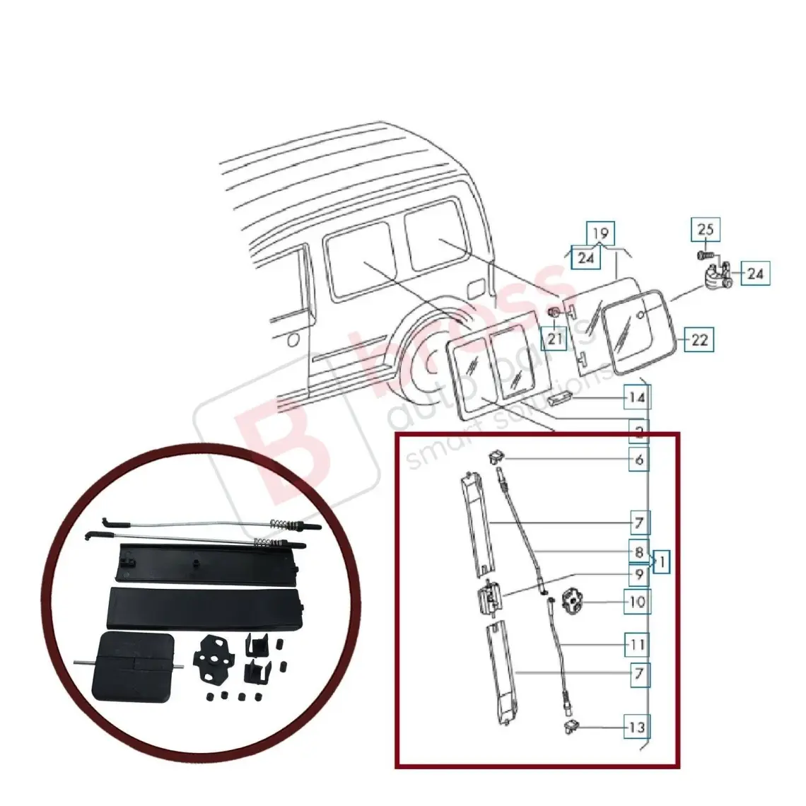 Bross Otomotiv  BDP965 VW Caddy MK3 İçin Yan Sürgülü Cam Tamir Seti 2K0847781B