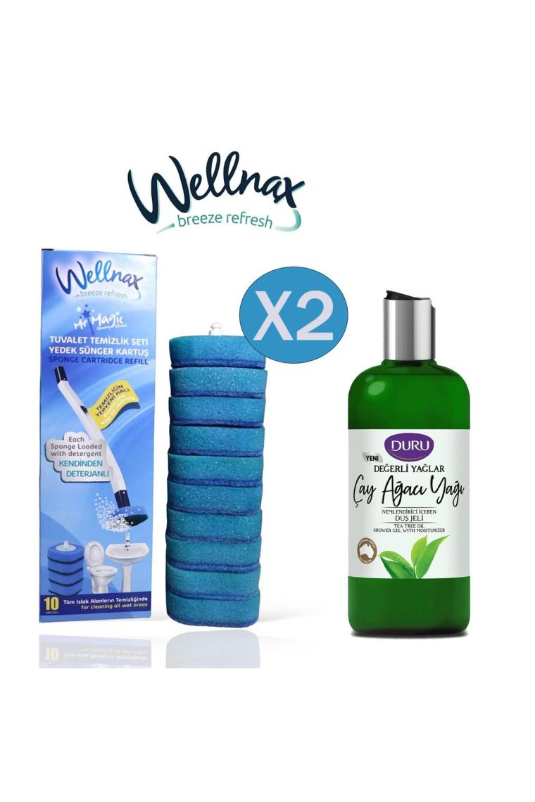 WELLNAX SÜNGERLİ TUVALET TEMİZLİK 20 ADET YEDEK BAŞLIK+ DURU ÇAY AĞACI DUŞ JELİ
