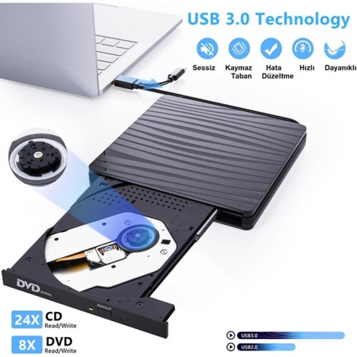 Upway  DVD Rw USB 3.0 Type-C Slim Harici CD DVD Yazıcı Okuyucu MacBook iMac WINDOWS11