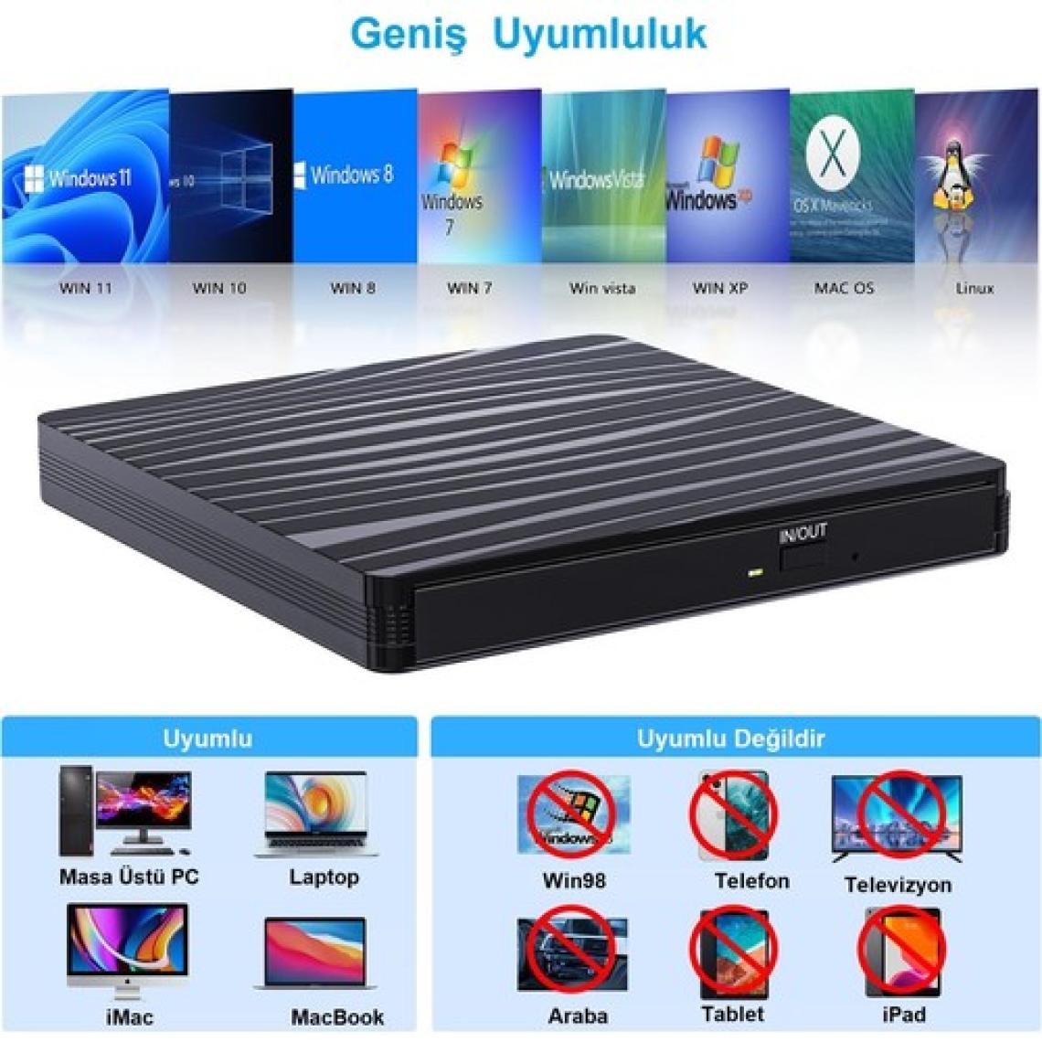 Upway  DVD Rw USB 3.0 Type-C Slim Harici CD DVD Yazıcı Okuyucu MacBook iMac WINDOWS11