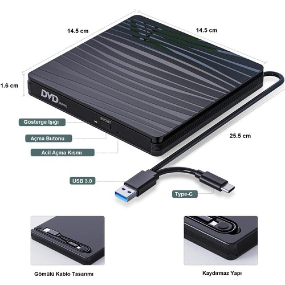 Upway  DVD Rw USB 3.0 Type-C Slim Harici CD DVD Yazıcı Okuyucu MacBook iMac WINDOWS11