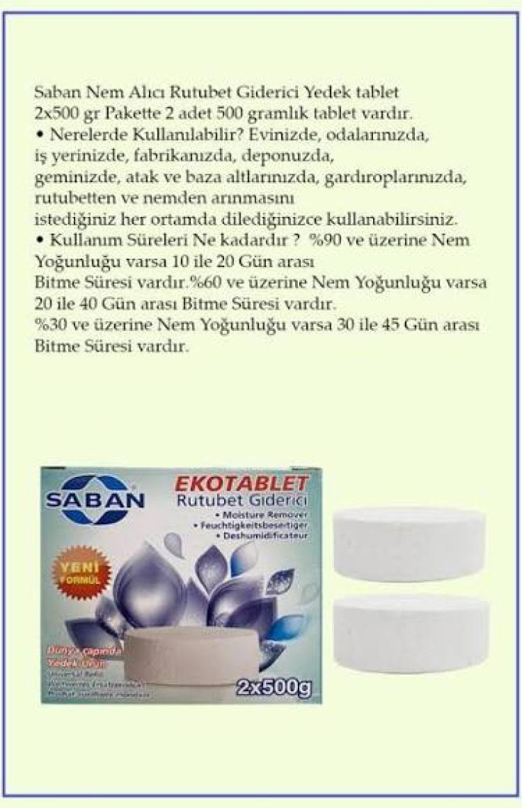 Saban 2X500 Gr. Nem Alıcı Yedek Tablet Vanilya Kokulu