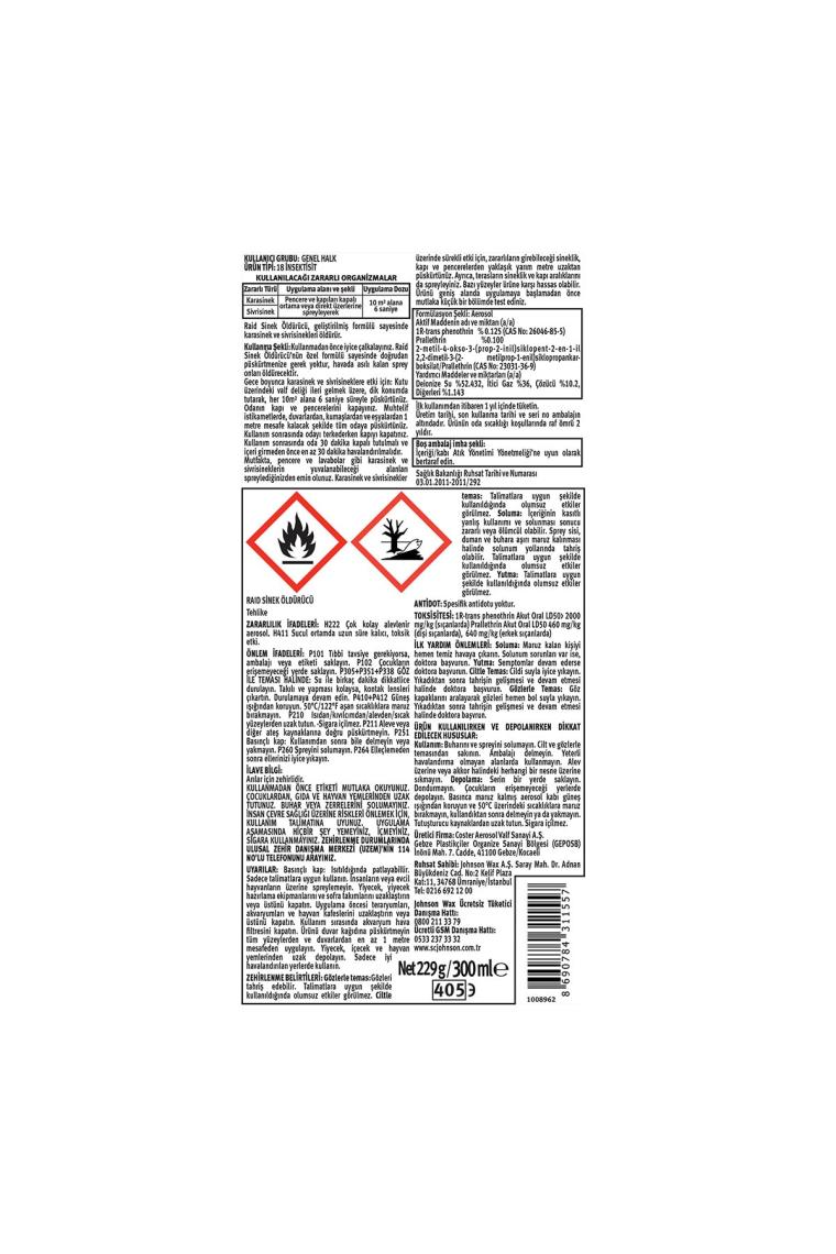 Raid Sinek Öldürücü Sprey 300 ml x 2