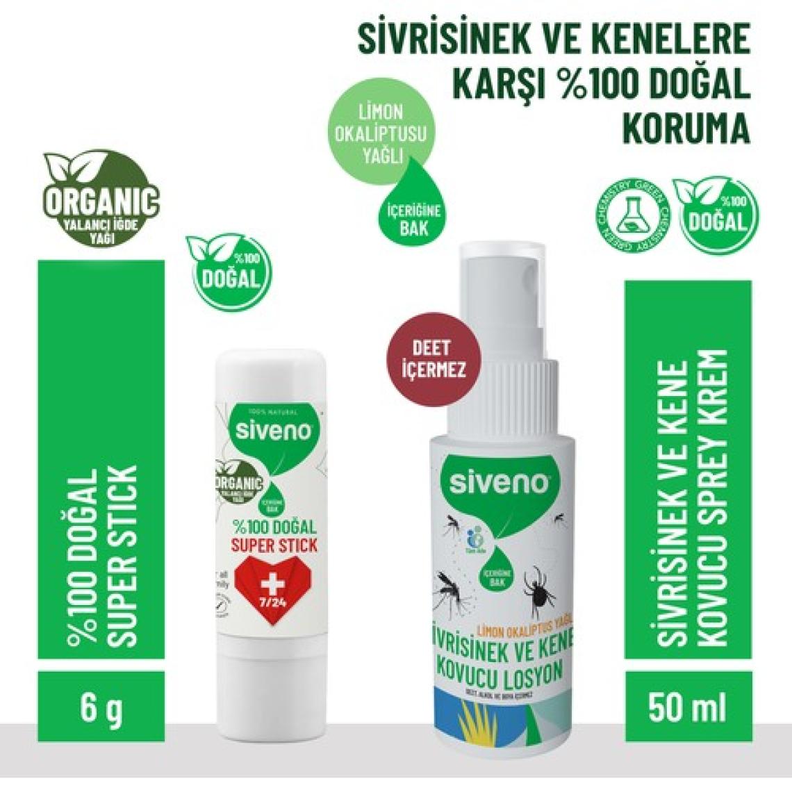 Siveno Sivrisinek ve Kene Kovucu Sprey Losyon 50 ml & Siveno %100 Doğal Super Stick 6 G Set