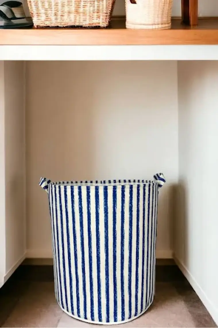 Prendi Home Lacivert Çizgili Katlanır Banyo Kirli Çamaşır Dolap Içi Yatak Odası Düzenleyici Saklama Sepeti 37X40
