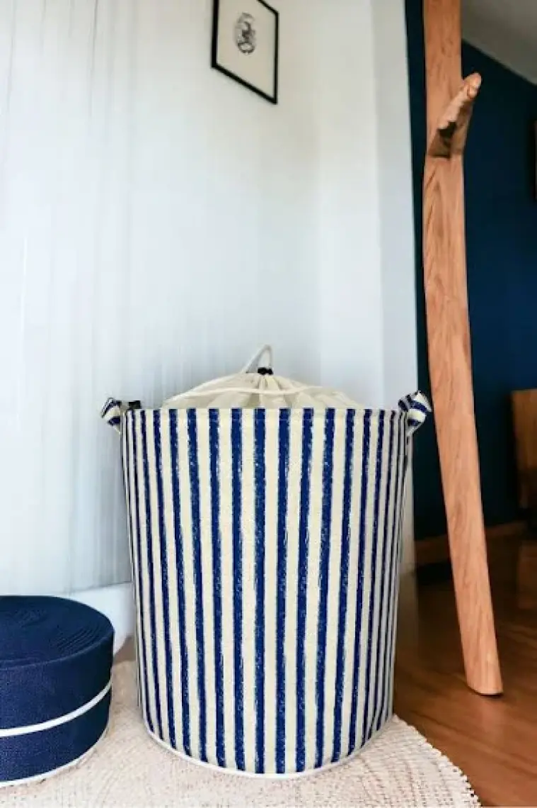 Prendi Home Lacivert Çizgili Katlanır Banyo Kirli Çamaşır Dolap Içi Yatak Odası Düzenleyici Saklama Sepeti 37X40