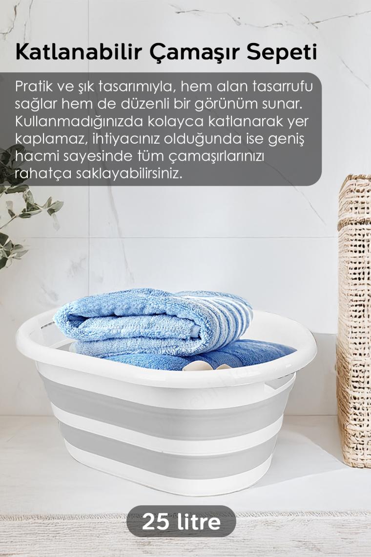4'lü Set - 90 Lt Iki Bölmeli Kirli Çamaşır Sepeti Katlanabilir Sepet Akordiyon Su Kovası Maşrapa Gri