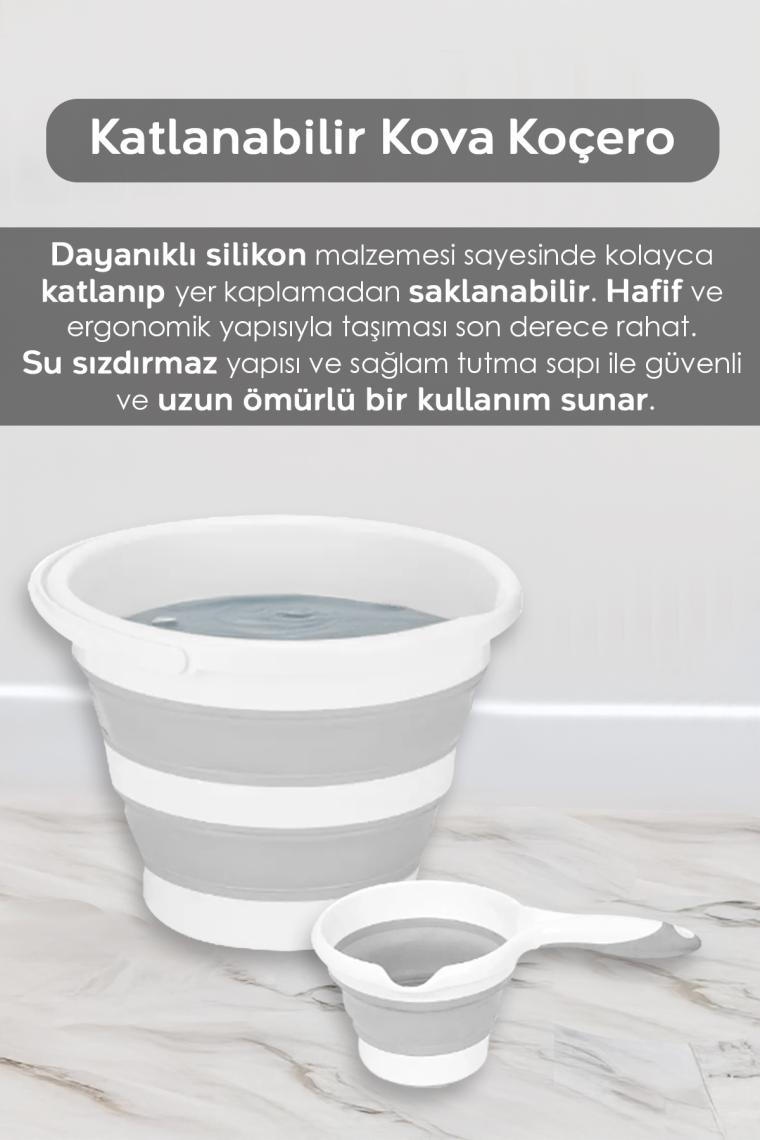 4'lü Set - 90 Lt Iki Bölmeli Kirli Çamaşır Sepeti Katlanabilir Sepet Akordiyon Su Kovası Maşrapa Gri
