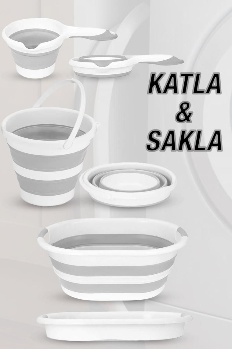 4'lü Set - 90 Lt Iki Bölmeli Kirli Çamaşır Sepeti Katlanabilir Sepet Akordiyon Su Kovası Maşrapa Gri