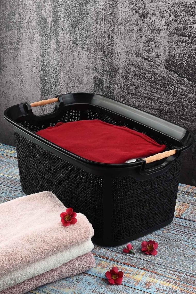Tuffex Woow Desen Ahşap Kulplu Çamaşır Sepeti 30 Lt Pudra