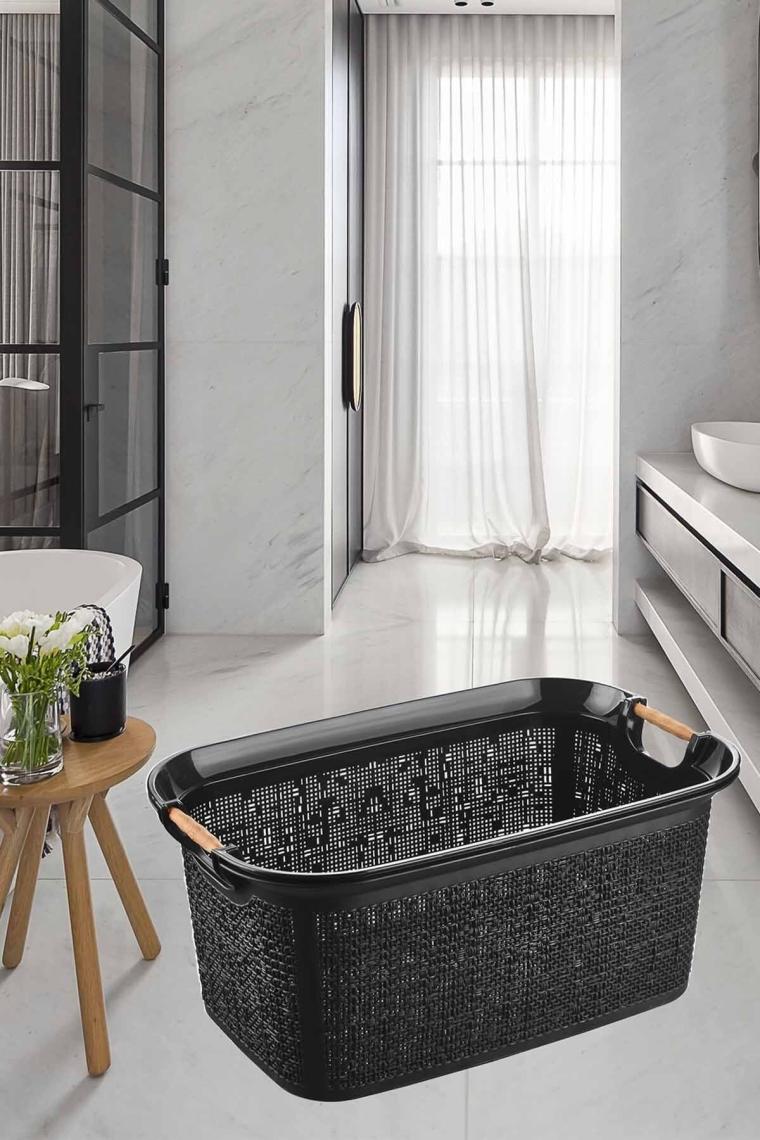 Tuffex Woow Desen Ahşap Kulplu Çamaşır Sepeti 30 Lt Pudra