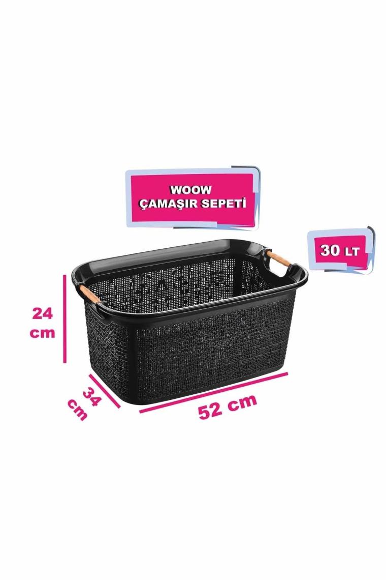 Tuffex Woow Desen Ahşap Kulplu Çamaşır Sepeti 30 Lt Pudra
