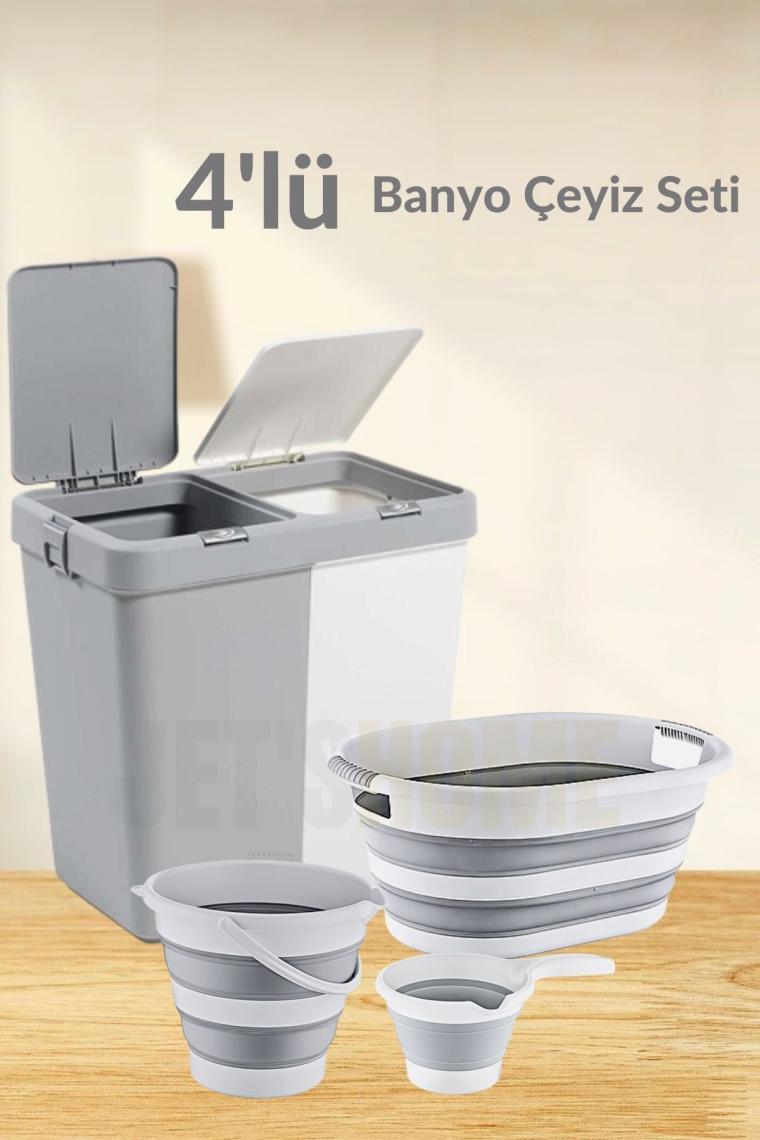 Jet’s Home Çeyiz Seti 80 Lt Kirli Sepeti 38 Lt Çamaşır Selesi Gri 12 Lt Katlanabilir Kova ve Maşrapa