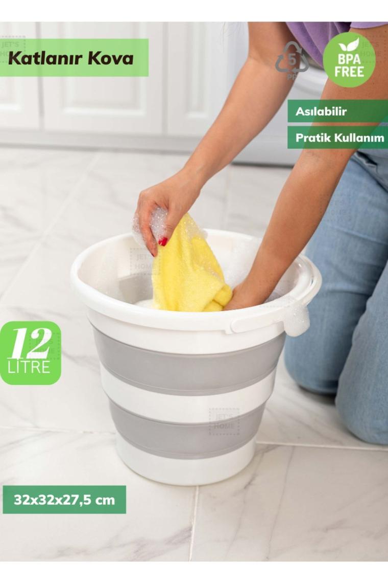Jet’s Home Çeyiz Seti 80 Lt Kirli Sepeti 38 Lt Çamaşır Selesi Gri 12 Lt Katlanabilir Kova ve Maşrapa