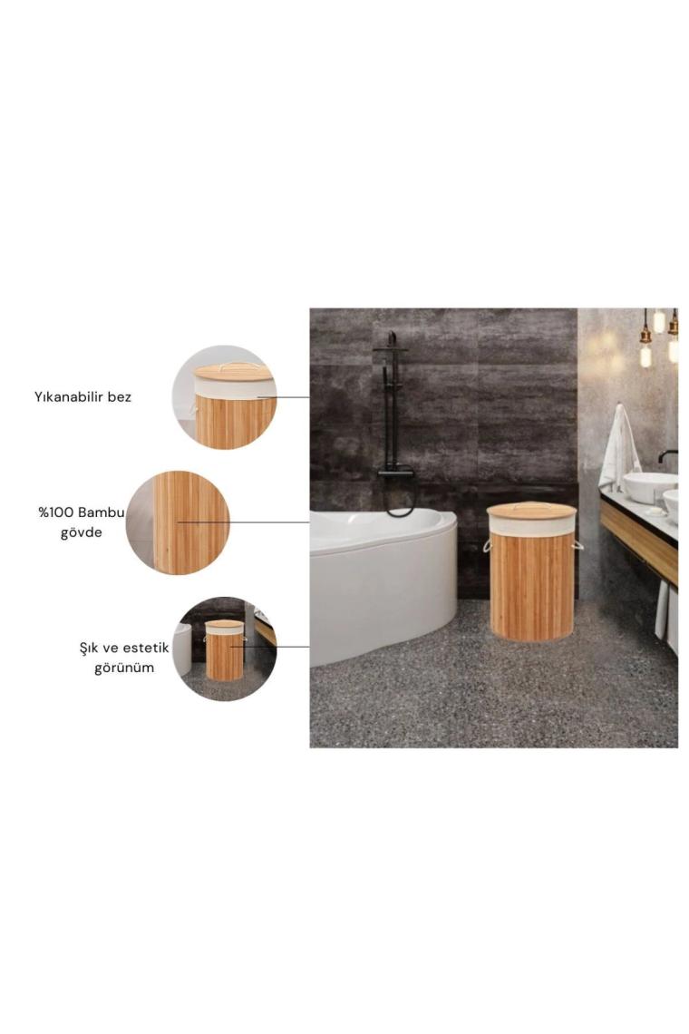 Rem Lorin Bambu Katlanır Çamaşır Sepeti Oval Tek Hazneli Naturel