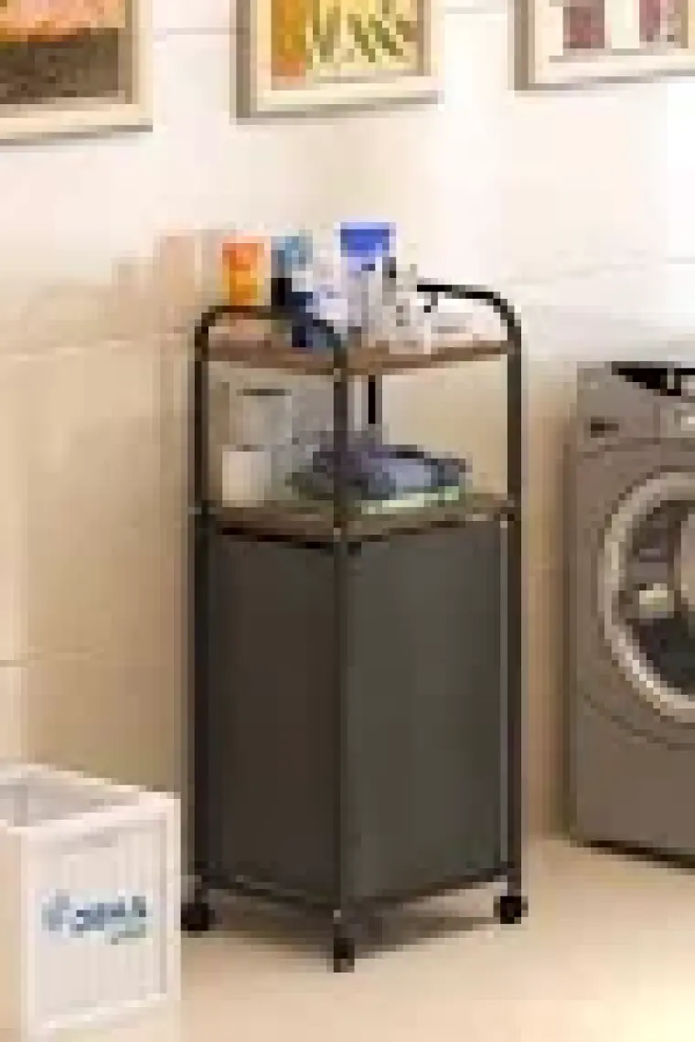 Dehalimited 2 Raflı Frenli Tekerlekli Çamaşır Sepeti Banyo Dolabı Kirli Sepetli Banyo Düzenleyici Çamaşırlık
