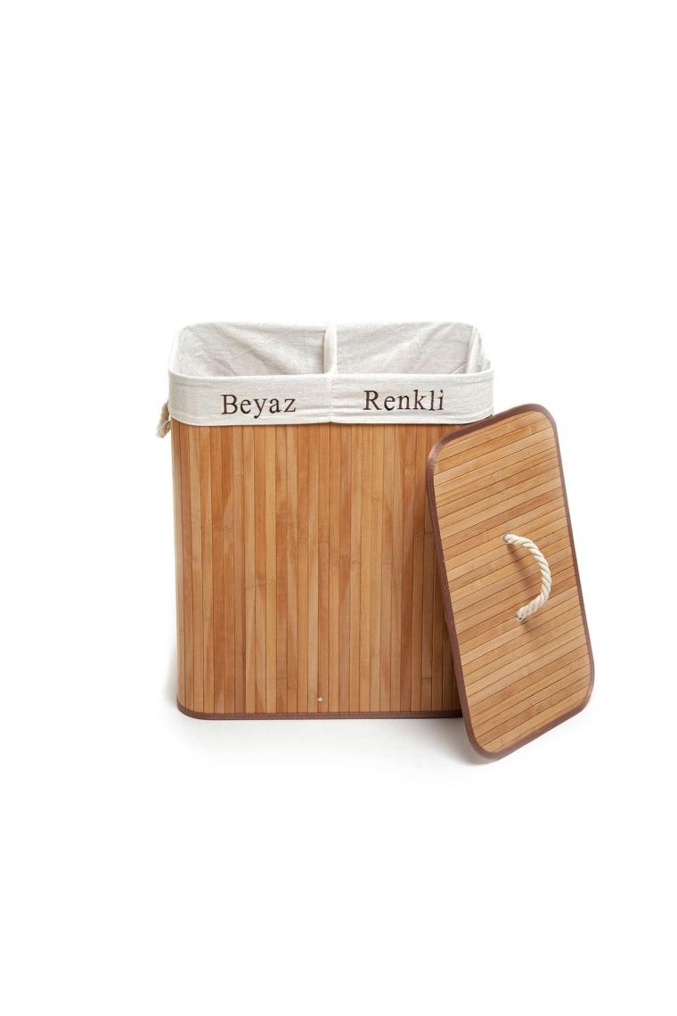 Deco&style Bambu Natürel Çift Hazneli Çamaşır Sepeti Bej
