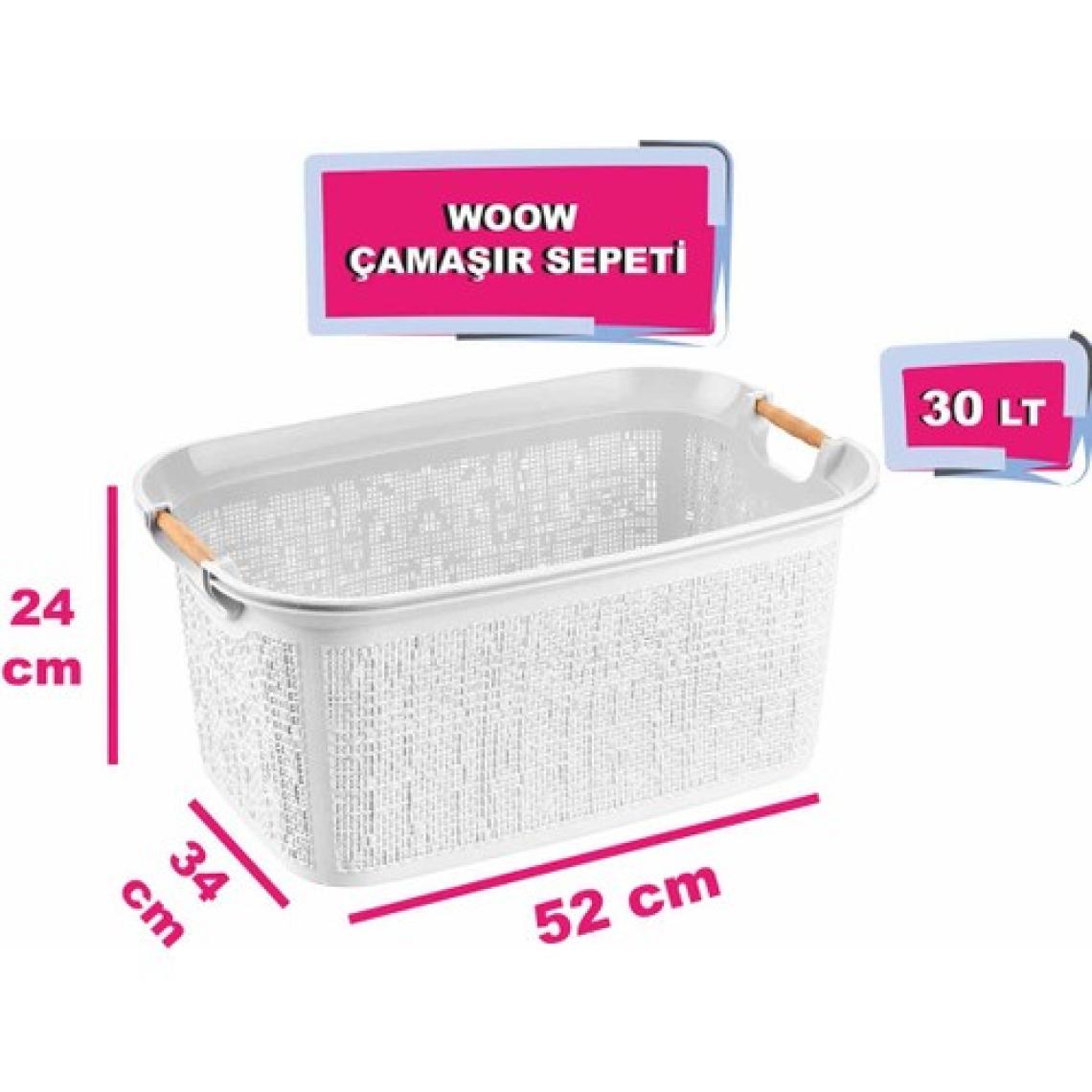 Tuffex Woow Desen Ahşap Kulplu Çamaşır Sepeti 30 Lt Pudra